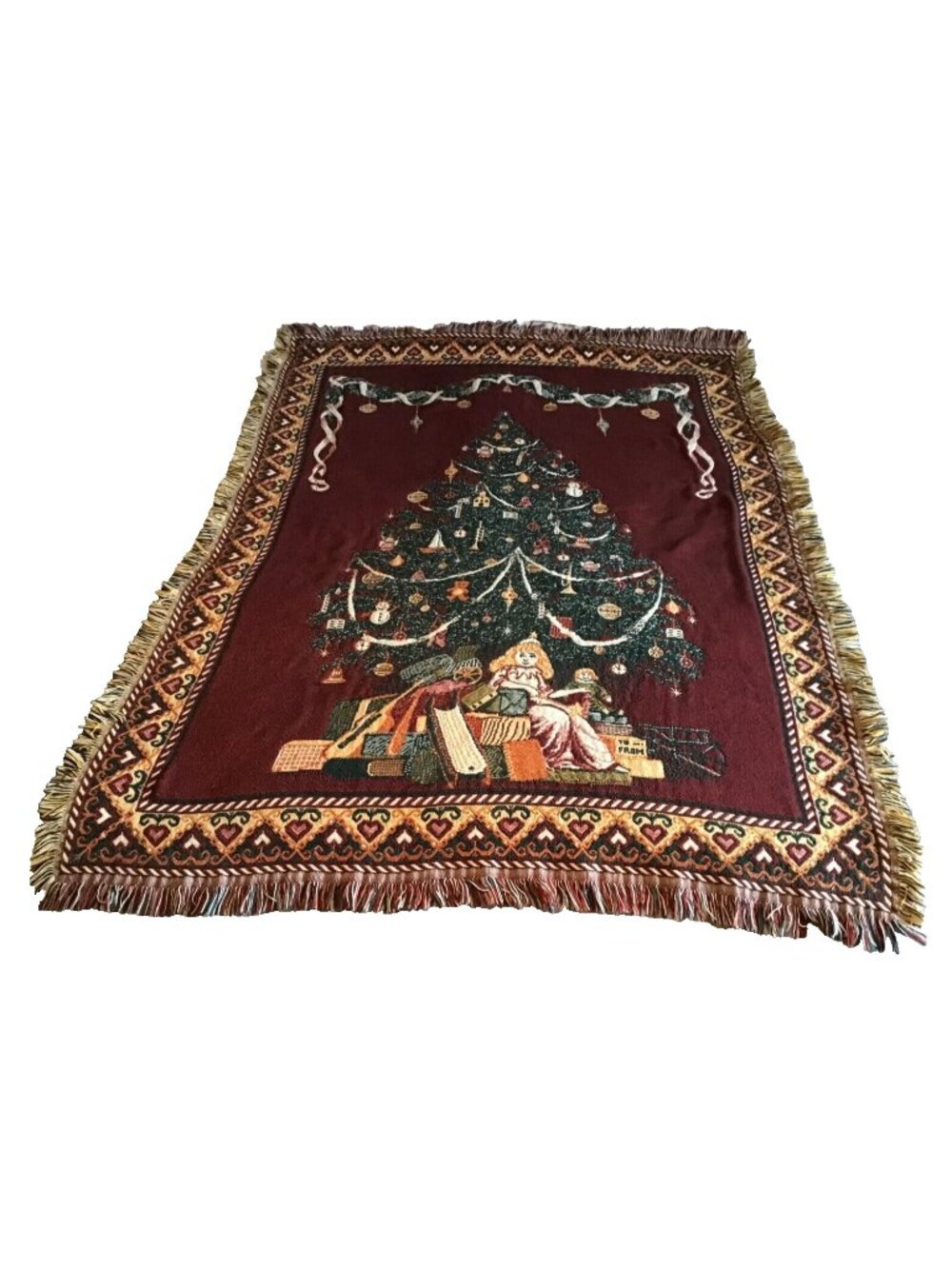 Goodwin Weavers Vintage Christmas Tree Fringed Tapestry Throw Blanket 69 x 46